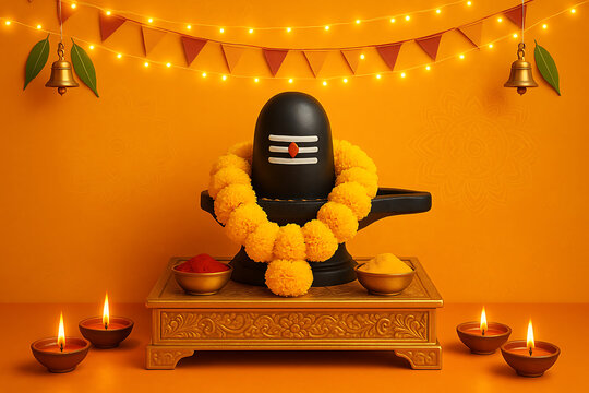 Decorative setup for maha shivratri with a shiva lingam, colorful garland, and festive lights, celebrating the devotion to mahadev