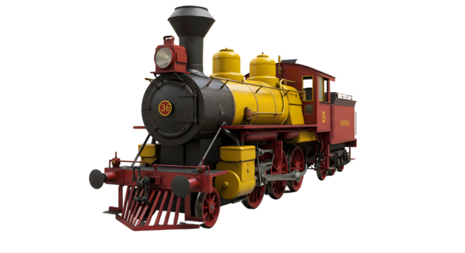 Old fashioned railway steam train engine model for historical transportation projects. isolated PNG with Transparent Background