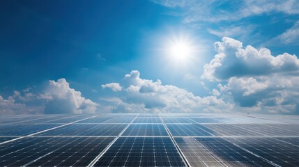 Solar Panels on Rooftop Under Bright Blue Sky with Clouds