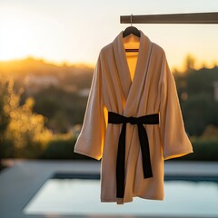 Cream robe, black belt, sunset view