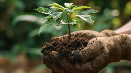 Hands Holding Young Plant With Soil in Lush Natural Environment