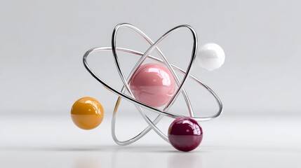 3D illustration of an atom model featuring colorful spheres representing electrons, surrounded by a metallic orbit, showcasing the concept of atomic structure and scientific exploration in a modern de