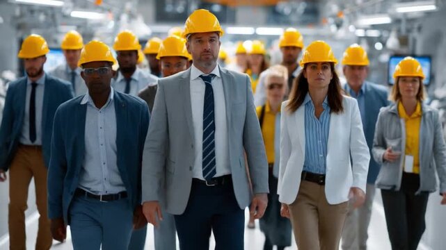 Forward March: A dedicated team of factory workers, each adorned in bright yellow helmets, confidently advances toward the viewer. The scene reflects determination and industrial might.
