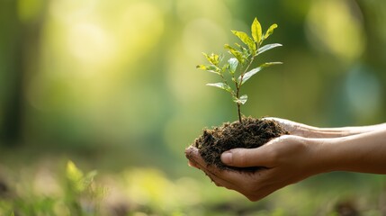 Hands Holding Young Plant in Soil Against Nature Background