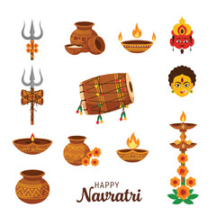 Vibrant flat 2D vector illustration showcasing traditional Navratri cultural symbols, including a sacred trishul and a festive drum, isolated on a clean white background.