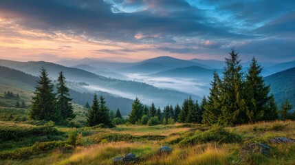 Serene Mountain Landscape at Dawn with Mist and Lush Greenery