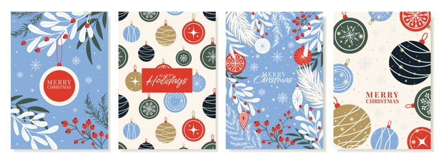Colorful Christmas Cards With Christmas balls, fir branches. Vector design for greeting cards, covers, web pages.