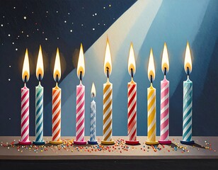 Birthday candles on a dark surface, illuminated by a light source