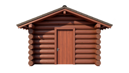Rustic wooden cabin with sloped roof and central door, showcasing log construction and natural textures. This charming structure evokes sense