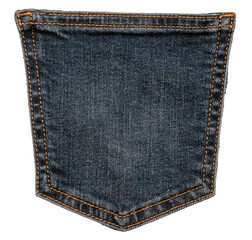 Piece of torn denim on a white background. Denim texture. Pocket