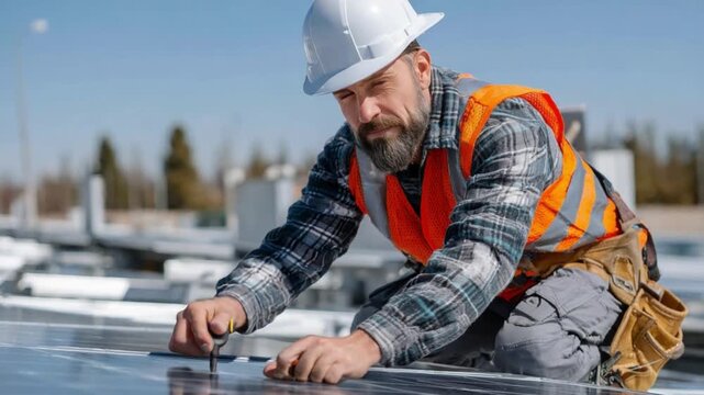 Solar Panel Installation: A skilled technician, clad in safety gear, meticulously installs solar panels, embodying the commitment to renewable energy and sustainable living.