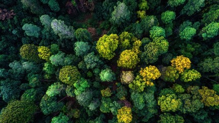 Aerial View of Diverse Forest Canopy with Vivid Green and Yellow Tones