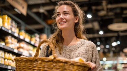 Woman with Basket Smiling in Grocery Store Aisle at Supermarket
