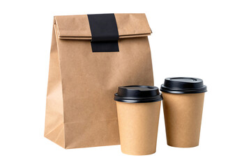 Convenient to go coffee cups and brown paper bag with black band perfect for delivery and takeaway orders