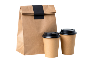 Convenient to go coffee cups and brown paper bag with black band perfect for delivery and takeaway orders