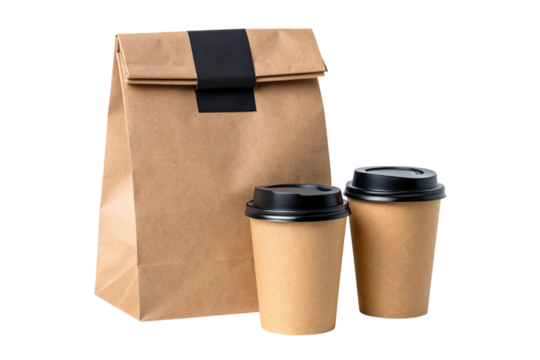 Convenient to go coffee cups and brown paper bag with black band perfect for delivery and takeaway orders