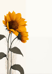 Sunflower illustration with green leaves on neutral background, botanical art concept for nature and garden design