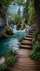 Fototapeta premium dreamy nature landscape, wooden nature trail along the blue river with green forest mountain dreamy landscape 