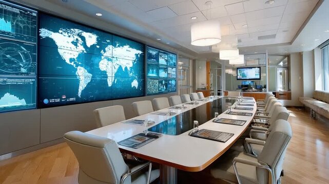 Command Center: A state-of-the-art command center showcasing the world map on multiple screens, with an expansive table, suggesting readiness and innovation in a high-tech atmosphere.