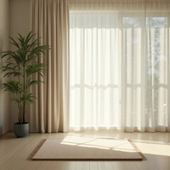 Minimalist empty room with single rug and potted plant in soft natural light symbolizing mindfulness, serenity, and tranquility