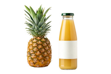 Fresh whole pineapple and cold golden juice bottle with blank label ready for branding and promotion