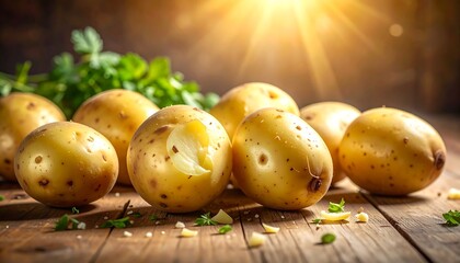 Close-up of several freshly harvested potatoes with a sprig of parsley on a wooden surface, bathed in sunlight