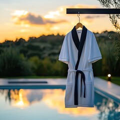 White robe hangs on a hanger outdoors, next to a pool at sunset
