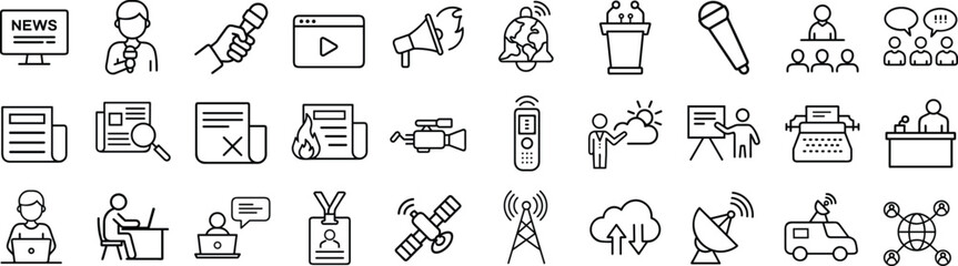 journalism outline vector icon set. media news, television broadcasting
