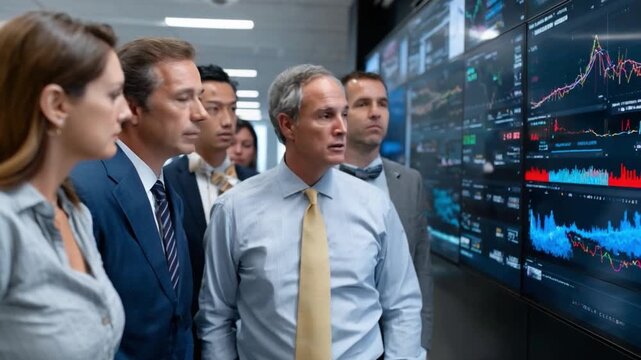 Analyzing the Market Dynamics: A group of professionals intently analyze complex financial data displayed on a wall of monitors, a dynamic visual representation of the fast-paced world of finance.