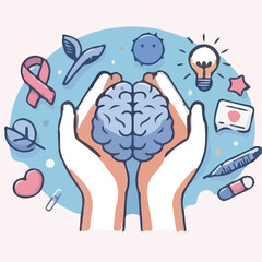 World Mental Health Day Vector with Brain and Awareness Ribbon