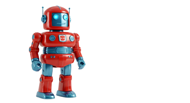 Classic red and blue retro tin toy robot representing artificial intelligence and childhood fun isolated PNG with Transparent Background