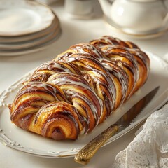 A long, braided pastry, glazed