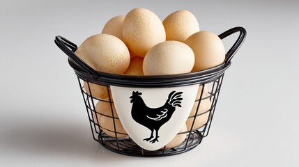 Fresh organic eggs in a black wire basket with a chicken logo, showcasing a rustic kitchen setting, emphasizing natural food, farm-to-table concept, and culinary freshness for healthy cooking