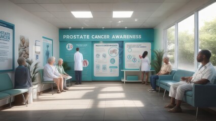 Prostate cancer awareness campaign in a modern clinic setting with doctors and patients, healthcare information displayed