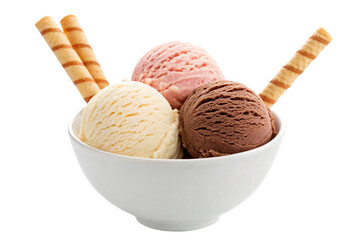 Indulge in a delightful trio of creamy ice cream scoops featuring vanilla strawberry and chocolate flavors with crispy wafers
