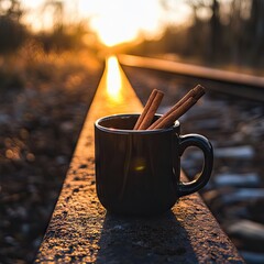 A dark mug with cinnamon sticks sits on train tracks at sunset