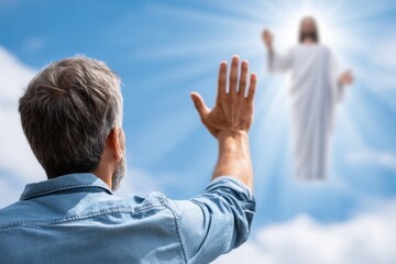 A rear view of a gray-haired person reaching toward a radiant, blurred figure of Jesus in the bright blue sky.