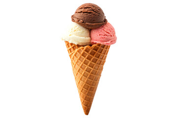Indulge in triple scoop delight a classic waffle cone filled with creamy chocolate vanilla and strawberry ice cream perfect for any sweet craving