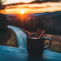 Warm mug of spiced drink at sunset