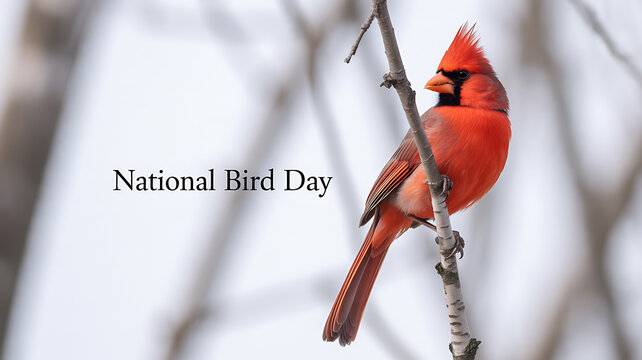 A bright red cardinal perched on a bare branch with 'National Bird Day' text overlay