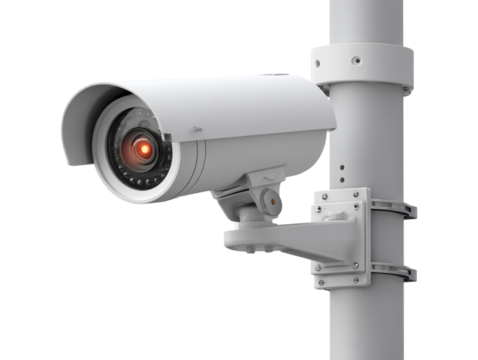 Surveillance camera on pole close-up front perspective isolated transparent PNG