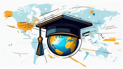 Global education concept with graduation cap and world globe, perfect for international studies, travel, and academic success.
