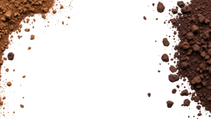 Rich brown powder and granules scattered transparency background create artistic and textured composition, perfect for culinary or cosmetic themes
