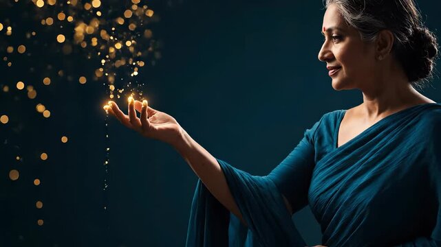 Hand releasing golden sparkle dust. Woman in saree holds light in palm. Senior woman wears bindi and smiles. Soft bokeh glow evokes festival celebration. Golden sparkle trail gently floats above hand.
