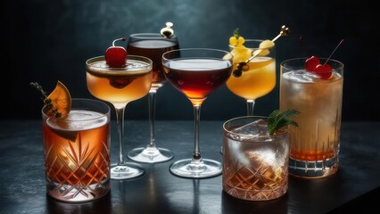 Elegant cocktails with vibrant colors and garnishes, perfect for sophisticated bar menus, happy hour promotions, and event marketing materials