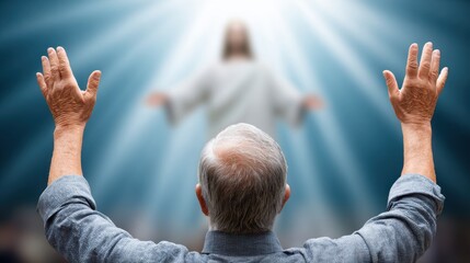 A man with raised hands facing a radiant, blurred spiritual figure of Jesus against a bright, blue heavenly background, symbolizing worship and divine encounter.