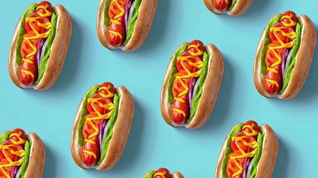 Colorful hot dogs arranged in a playful pattern on a vibrant blue background, showcasing fresh ingredients like lettuce, tomatoes, and mustard, perfect for food-related designs and culinary projects - Powered by Adobe
