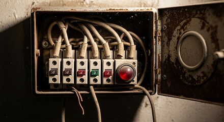 Vintage electrical panel with rusty metal and exposed wires sparks retro industry vibe