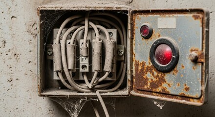 Gritty, dusty antique electrical junction box with visible wiring and red indicator lights