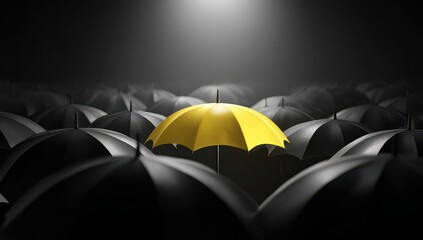 Single Yellow Umbrella Amidst Many Black Umbrellas
